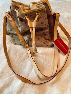 Dooney & Bourke Tan Monogram Drawstring Bucket Bag with Leather Trim